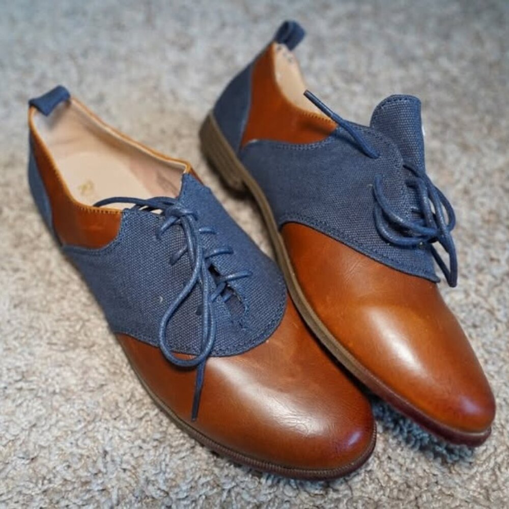 Blue Canvas & Brown Leather Oxfords Size 8/9